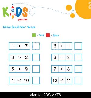 Feuille de calcul mathématique vraie ou fausse. Tableau de comparaison des nombres. Feuille de travail facile, pour les enfants en école maternelle, élémentaire et moyenne. Illustration de Vecteur