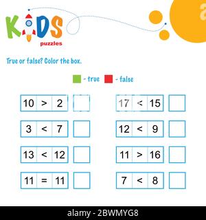 Feuille de calcul mathématique vraie ou fausse. Tableau de comparaison des nombres. Feuille de travail facile, pour les enfants en école maternelle, élémentaire et moyenne. Illustration de Vecteur