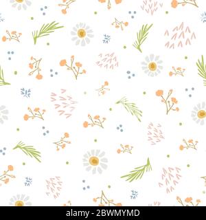 Motif De Fleurs Sauvages De Camomille Daisy Arrière-Plan. Motif Fleuri Margerite Naïf Sur Blanc. Feuilles Délicates Textiles Tracées À La Main. Ressort et Illustration de Vecteur