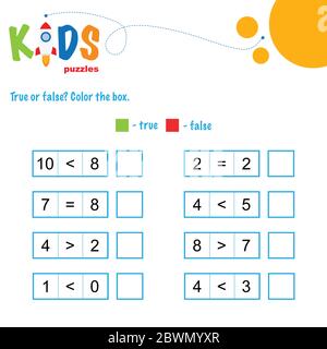 Feuille de calcul mathématique vraie ou fausse. Tableau de comparaison des nombres. Feuille de travail facile, pour les enfants en école maternelle, élémentaire et moyenne. Illustration de Vecteur