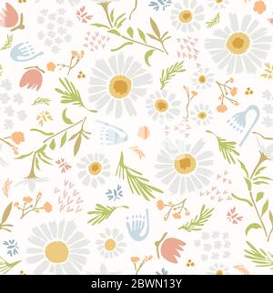 Motif De Fleurs Sauvages De Camomille Daisy Arrière-Plan. Motif Fleuri Margerite Naïf Sur Blanc. Feuilles Délicates Textiles Tracées À La Main. Ressort et Illustration de Vecteur