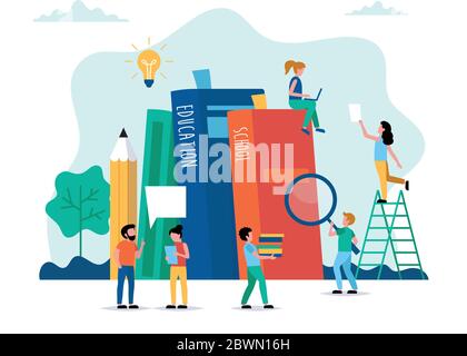 Illustration vectorielle de concept éducatif de style plat. Éducation en ligne, école, université, idées créatives. Personnes travaillant avec des livres. Les personnages font Illustration de Vecteur
