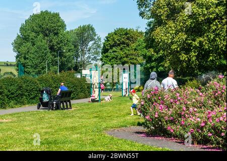 Bandon, West Cork, Irlande. 2 juin 2020. Les gens apprécient le parc Riverview de bandon cet après-midi, les températures atteignant 26 °C et le nombre de pollen était très élevé. Crédit : AG News/Alay Live News Banque D'Images