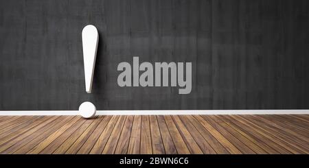 Point d'exclamation blanc sur plancher en bois et mur noir en béton Illustration 3D Avertissement concept Banque D'Images