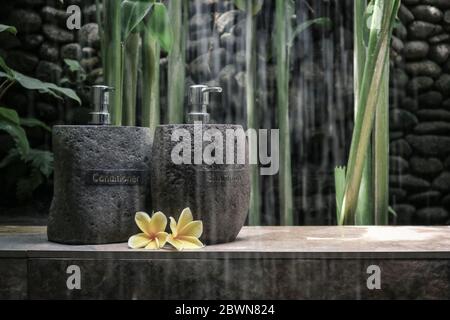 Différentes bouteilles de pierre avec shampooing, gel et après-shampooing sur étagère en pierre avec frangipani dans la douche extérieure. Concept de cosmétiques biologiques. Banque D'Images