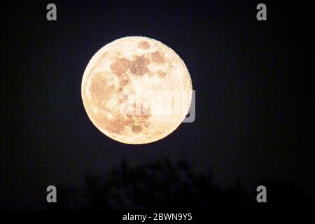 Pleine rose Super Moon qui s'élève au-dessus des montagnes Rocheuses, Salida, Colorado, États-Unis Banque D'Images