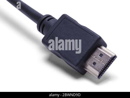 Câble HDMI noir gros plan isolé sur fond blanc. Banque D'Images