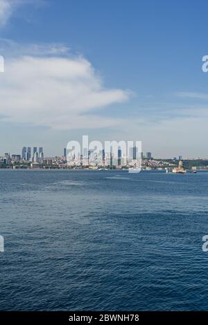 panorama de la partie européenne de la ville d'Istanbul en arrière-plan, région de Besiktas. Vue depuis le ferry Banque D'Images
