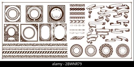 Kit de création Mega, bordures, bannières, étiquettes baroques avec ornements et détails floraux Illustration de Vecteur