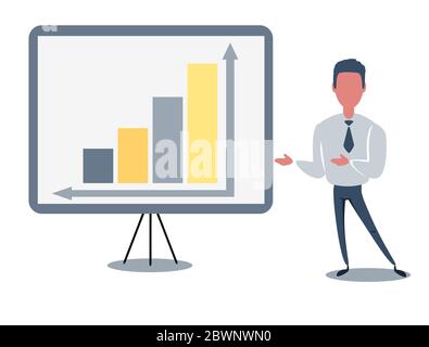 Jeune homme confiant, debout près du tableau de conférence et du graphique et du diagramme de pointage. Concept commercial créatif. Illustration vectorielle. Illustration de Vecteur