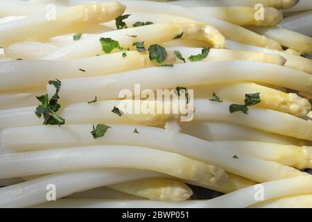 Asperges blanches cuites avec garniture aux herbes comme fond plein cadre, foyer choisi, profondeur de champ étroite Banque D'Images