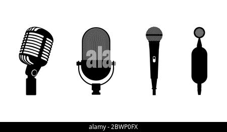 Quatre microphones rétro classique et moderne. Silhouette noire du microphone sur fond blanc. Micro icône musique. Illustration de Mike Flat design Vector eps Illustration de Vecteur