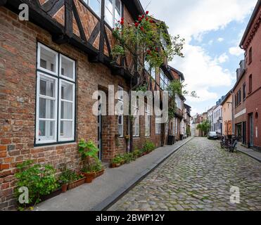 Ruelle typique avec des bâtiments résidentiels et des fleurs de pot sur le jardin de trottoir dans la vieille ville hanséatique de Luebeck, Allemagne, sele Banque D'Images