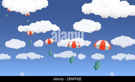 L'argent tombe du ciel, avec des nuages en arrière-plan, en grand format. En cas de crise financière, les gouvernements offrent une aide financière. Illustration de Vecteur