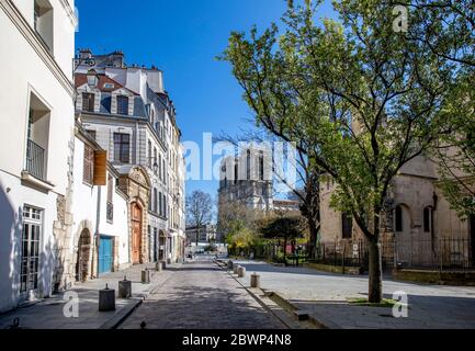 Paris, France - 1er avril 2020 : 16e jour de confinement en raison de la pandémie Covid-19 dans la rue Saint Julien le Pauvre, près de la cathédrale notre Dame à l'arrière Banque D'Images