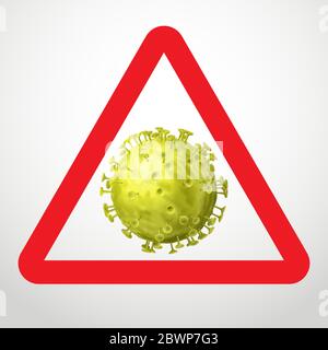 Signe de mise en garde du coronavirus. Symbole jaune du virus dans un triangle rouge, isolé sur fond blanc Illustration de Vecteur