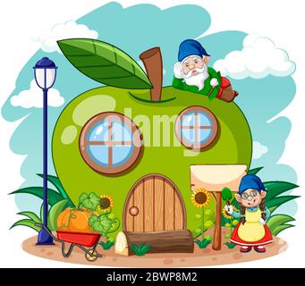 Gnomes et maison de pomme verte dans le style de dessin animé de jardin sur l'illustration de fond de ciel Illustration de Vecteur