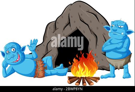 Gobelins ou trolls avec maison de grotte et feu de camp dans le style de dessin animé illustration isolée Illustration de Vecteur