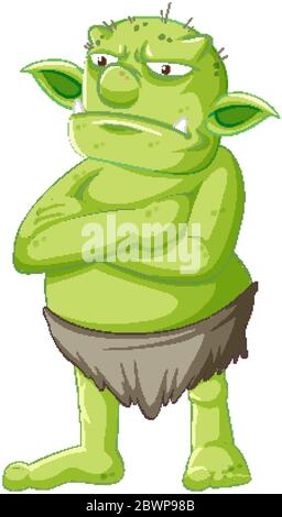 Posture de gobelin ou de troll vert debout avec le visage de colère dans une illustration isolée de personnage de dessin animé Illustration de Vecteur