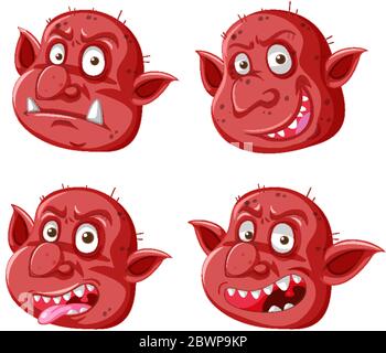 Ensemble de goblin rouge ou de troll face dans différentes expressions dans le style de dessin animé illustration isolée Illustration de Vecteur