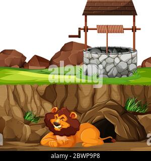 Lion dans la posture allongée en bas dans le style de dessin animé de parc animal sur la grotte et bien l'illustration de fond Illustration de Vecteur