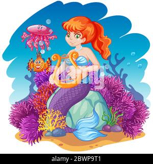 Dessin animé sur le thème de la sirène et de l'animal de mer sur fond d'illustration Illustration de Vecteur