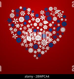 Grand coeur composé de fleurs et de feuilles, blanc et bleu sur fond rouge Illustration de Vecteur