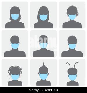 Ensemble d'avatars carrés dans des masques médicaux bleu clair. Silhouettes noires d'hommes et de femmes masqués sur fond blanc. Illustration de Vecteur