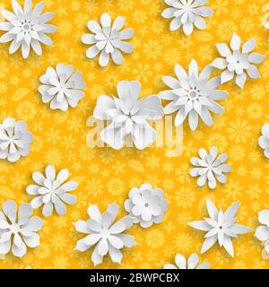 Motif sans couture avec texture florale dans des couleurs jaunes et grandes fleurs en papier blanc avec des ombres douces Illustration de Vecteur