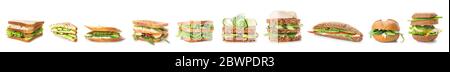 Ensemble de délicieux sandwiches au concombre sur fond blanc Banque D'Images
