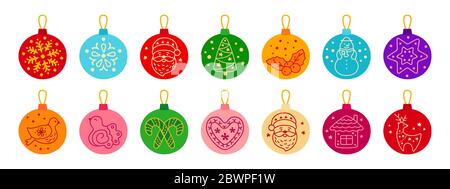 Ensemble de dessin animé plat de boule de Noël. Balles rondes colorées. Affiche nouvel an, collection d'icônes oiseau, houx, maison, cerf et bonbons, flocons de neige, chaussette, arbre de Noël, cloche, étoile. Illustration vectorielle isolée Illustration de Vecteur