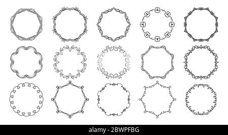Les cadres circulaires sont des séparateurs calligraphiques. Bordures rondes fleurites, vignettes de tourbillons de légumes cadre décoratif, bannière décorative. Éléments graphiques élégants encre noir dessin. Illustration vectorielle Illustration de Vecteur