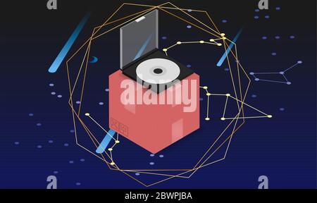 illustration d'un disque compact sur la boîte, sur fond d'art numérique Illustration de Vecteur