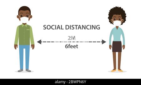 Homme social distancer personnage de l'homme et de la femme portant un masque médical maintenir pour prévenir du virus Illustration de Vecteur