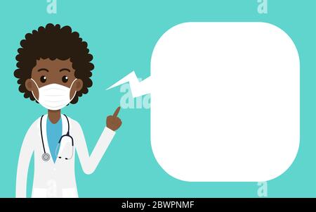 Caricature noire femmes médecin portant un masque de protection et un doigt pointant avec une bulle de parole Illustration de Vecteur