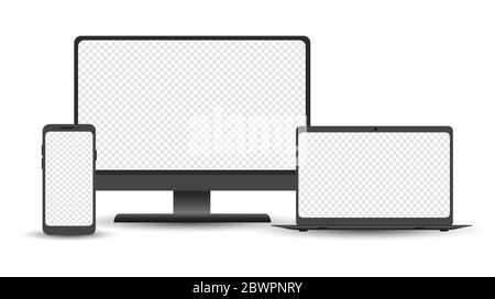 Ensemble d'appareils : modèle de bureau, d'ordinateur portable et de smartphone. Gadgets électroniques isolés sur fond blanc. Illustration vectorielle réaliste. Illustration de Vecteur