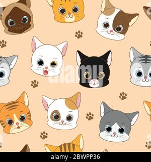 Motif sans couture de la tête de chat souriante, illustration vectorielle Illustration de Vecteur