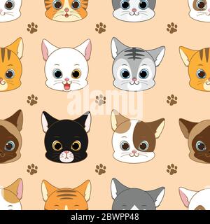 Motif sans couture de la tête de chat souriante, illustration vectorielle Illustration de Vecteur