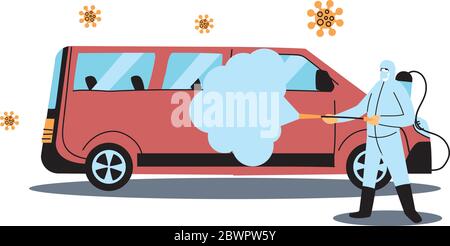 Homme portant une combinaison de protection et désinfectant isolé pour éviter le covid 19, désinfectant van Vector illustration design Illustration de Vecteur