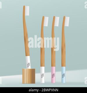 Illustration de la brosse à dents Vector en bambou ou en bois avec support de brosse à dents minimal. Illustration de Vecteur