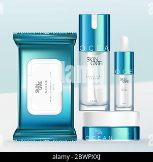 Vector Metallic Blue & White Design Beauté, soins médicaux pour la peau ou produits de toilette ensemble d'emballage avec pipette ou bouteille compte-gouttes, papier pour tissus ou papier de nettoyage Illustration de Vecteur