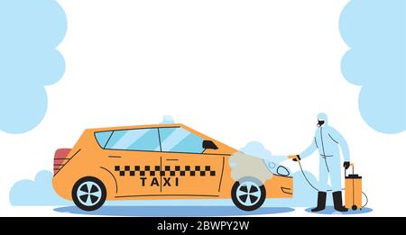 Homme portant une combinaison de protection et désinfectant isolé pour éviter le covid 19, désinfectant taxi vecteur illustration conception Illustration de Vecteur