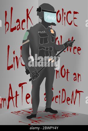 un policier armé devant le mur peint Banque D'Images