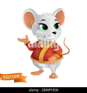 Rat blanc ou souris en peignoir rouge ou cape avec éléments dorés. Drôle de style 3D vecteur symbole de caractère de l'année dans le zodiaque chinois ou nouvel an Illustration de Vecteur