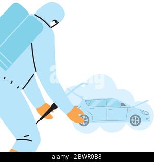 Homme portant une combinaison de protection et désinfectant isolé pour éviter le covid 19, désinfectant voiture vecteur illustration conception Illustration de Vecteur