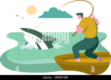 Homme sur bateau pêche Shark Strike dans Sea Flat Design Illustration Illustration de Vecteur