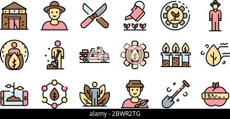 Jeux d'icônes agronomiques, style de contour Illustration de Vecteur