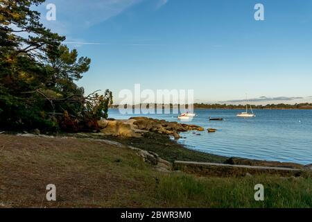 Bateaux sur l'île Bender dans le golfe du Morbihan. France. Banque D'Images