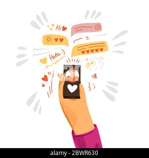 Illustration vectorielle plate de la main humaine donnant l'amour et faisant glisser directement sur l'application de datation. Recherche romantique et d'amour dans un smartphone. Chat en ligne et rencontres Illustration de Vecteur