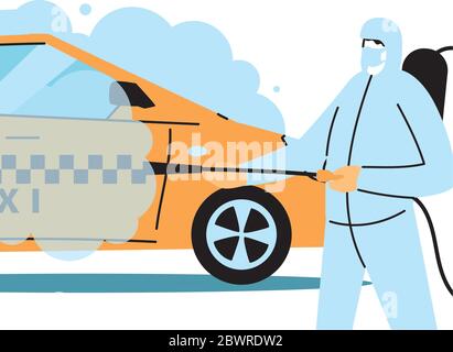 Homme portant une combinaison de protection et désinfectant isolé pour éviter le covid 19, désinfectant taxi vecteur illustration conception Illustration de Vecteur